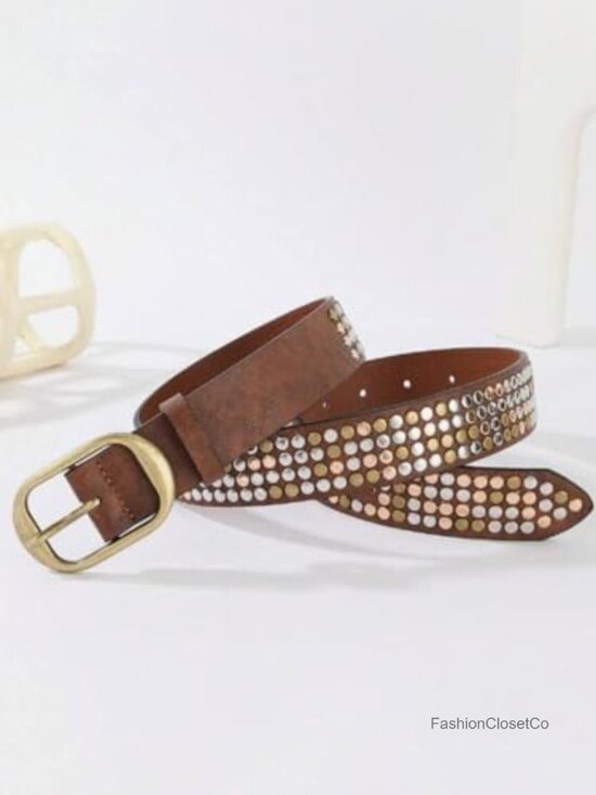 Faux Leather Studded Belt with Metal Buckle Unisex Punk